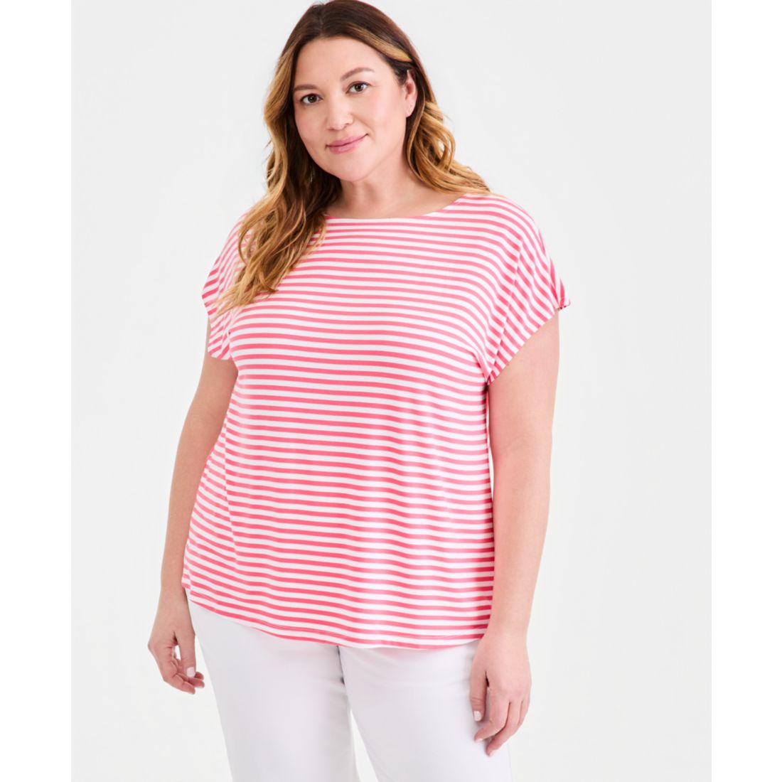 Style & Co Plus Striped Short-Sleeve Mixed-Media Tee, Macy's Exclusive