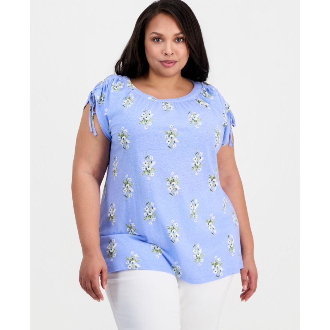 Style & Co Plus Size Printed Ruched-Shoulder Boat-Neck Top, Macy's Exclusive