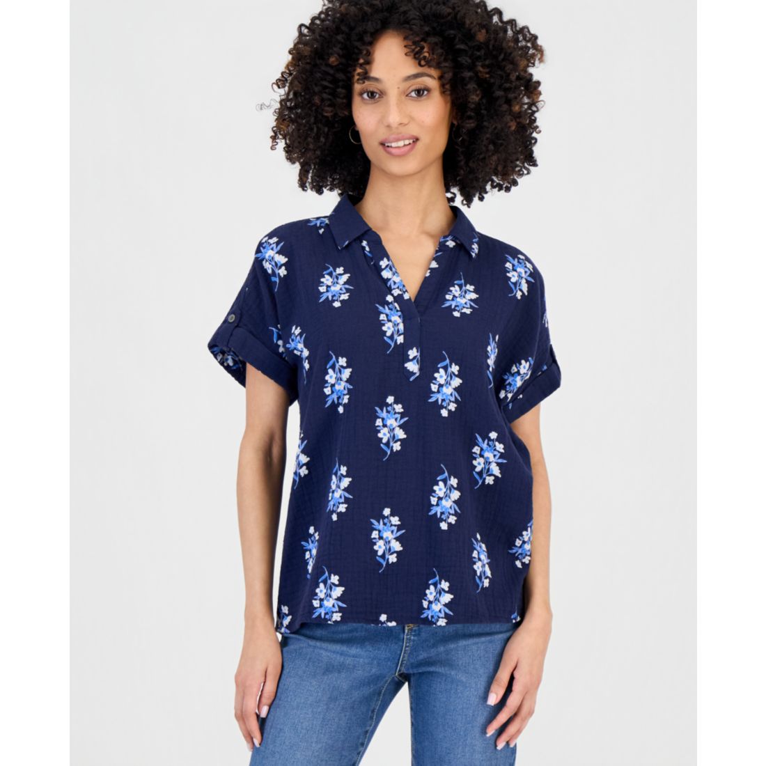 Style & Co Petite Cotton Printed Collared Popover Top, Macy's Exclusive