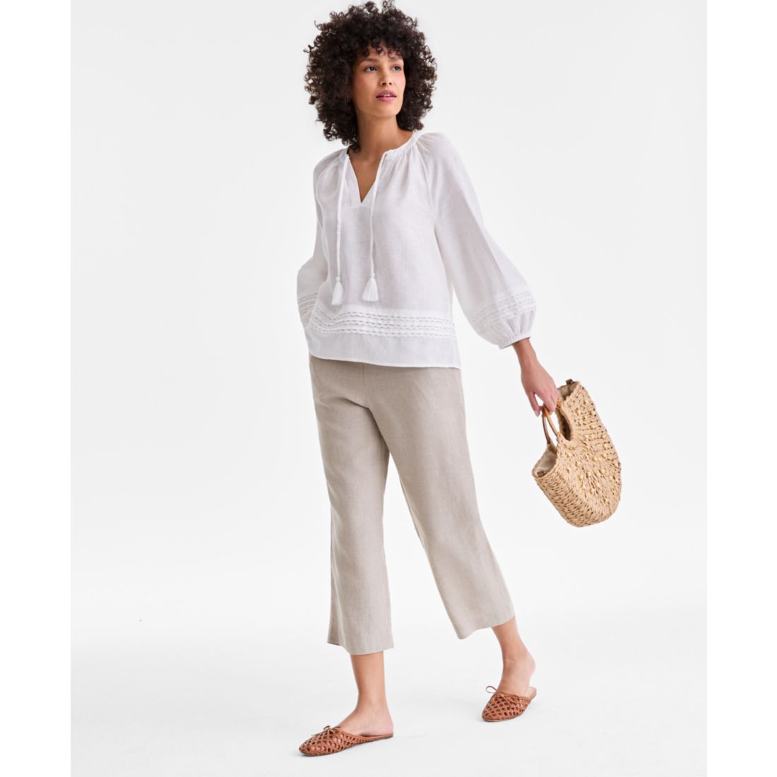 Charter Club Women's 100% Linen Solid Cropped Pull-On Pants, Created for Macy's
