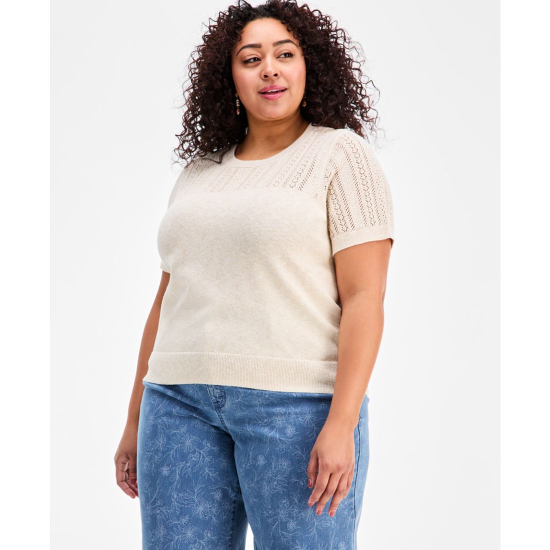 Style & Co Plus Size Short-Sleeve Pointelle Lurex Sweater, Macy's Exclusive