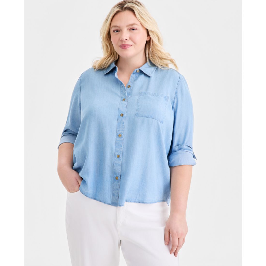 Style & Co Plus Size Chambray Perfect Button-Up Shirt, Macy's Exclusive