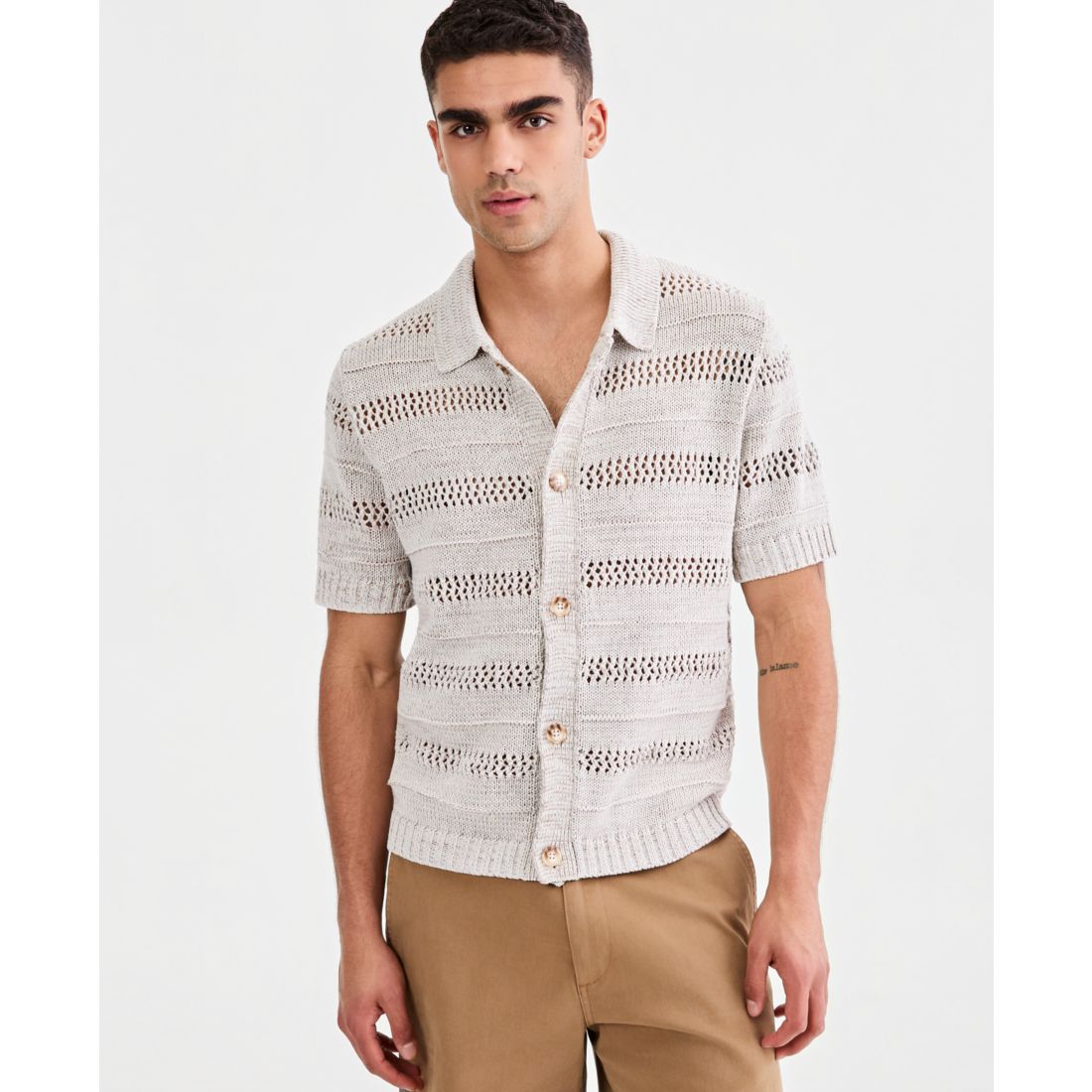 Sun + Stone Men's Striped Open-Stitch Button Sweater, Macy's Exclusive
