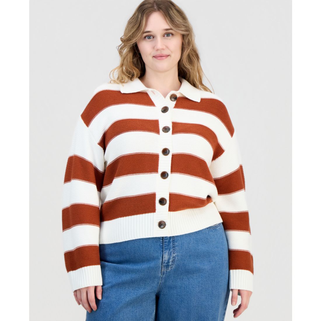 On 34th Trendy Plus Size Bold Stripe Button-Front Cardigan Sweater, Macy's Exclusive