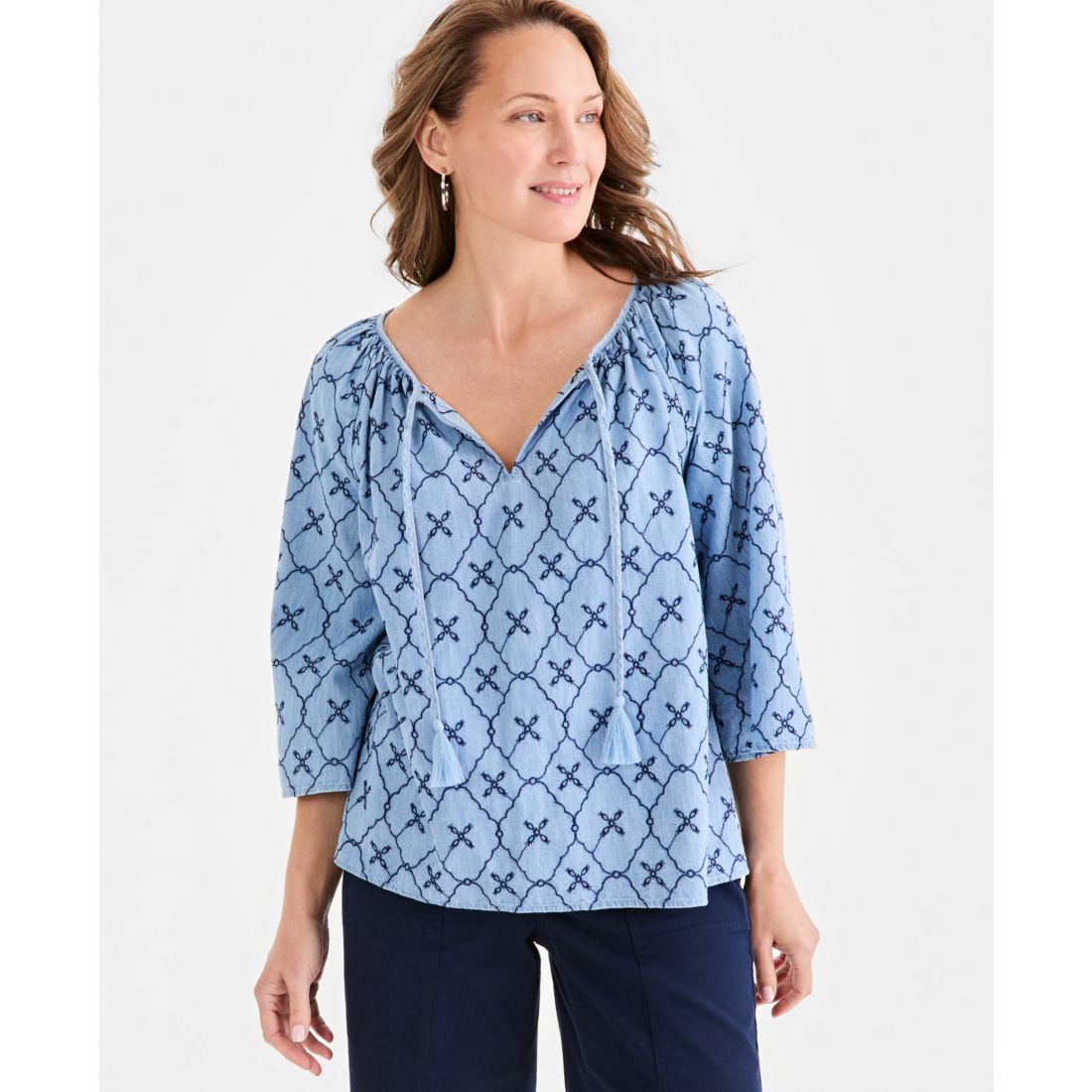 Style & Co Women's Chambray Split-Neck Embroidery Top, Macy's Exclusive