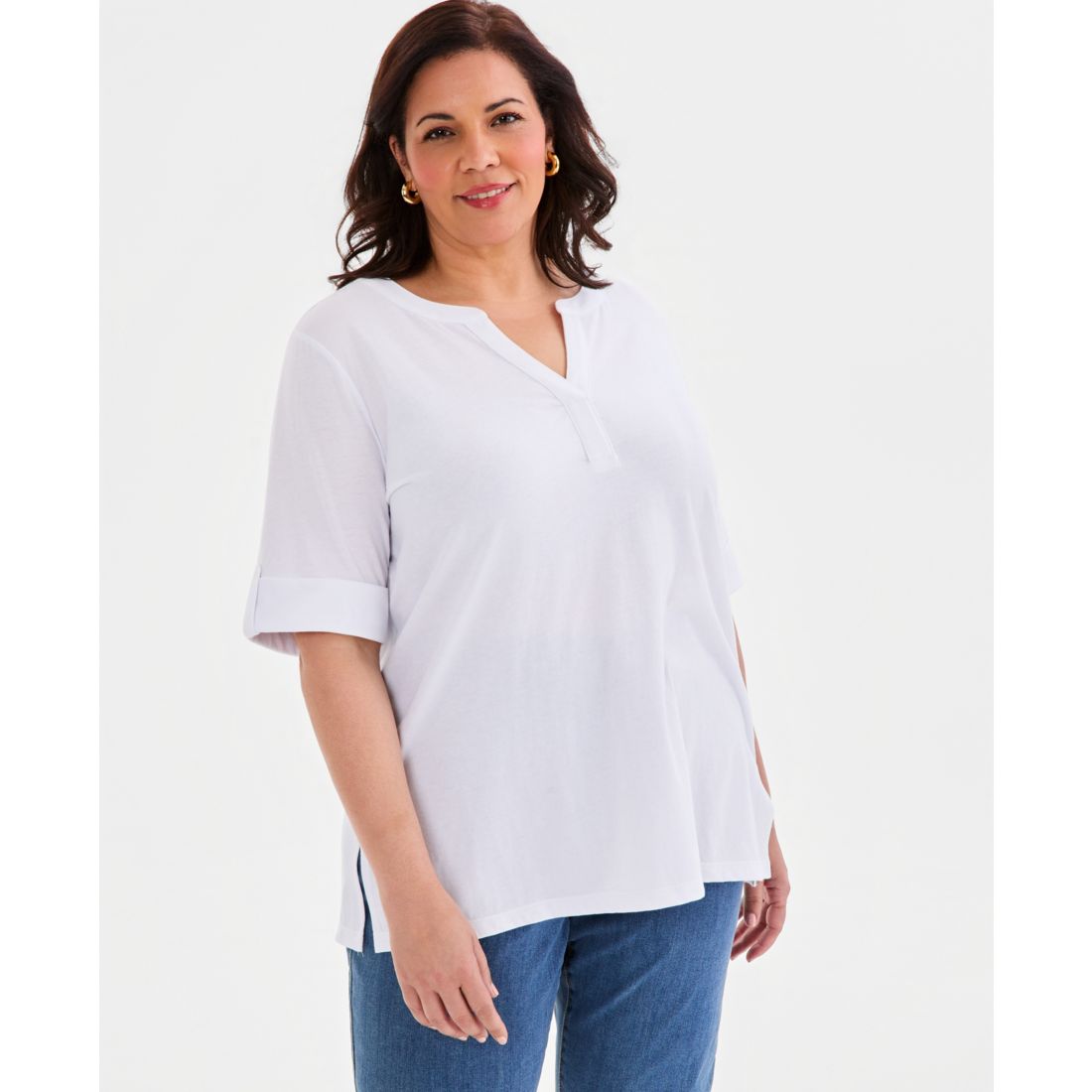 Style & Co Plus Size Roll-Tab Split-Neck Elbow-Sleeve Tunic, Macy's Exclusive