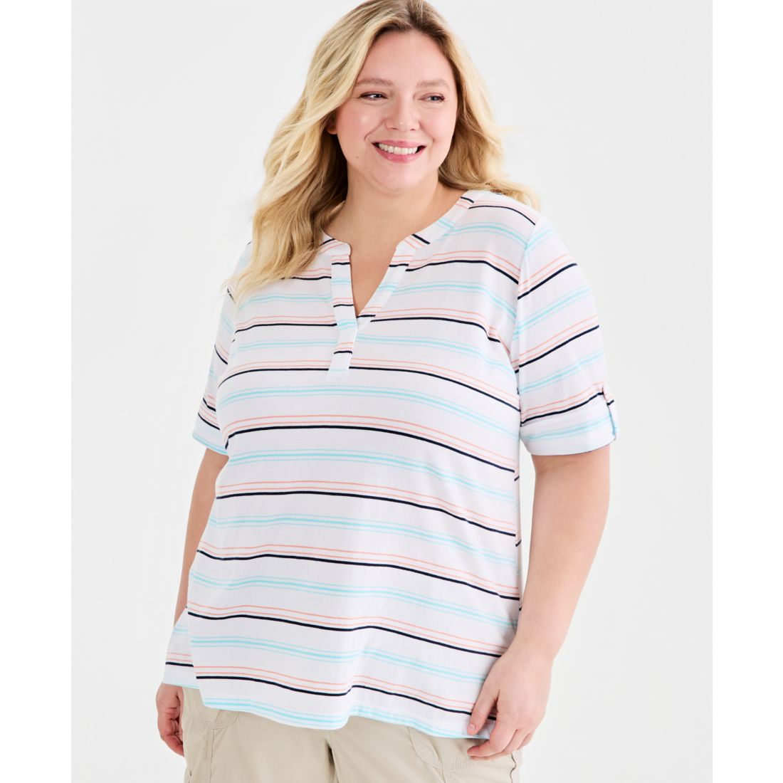 Style & Co Plus Size Printed Roll-Tab Split-Neck Elbow-Sleeve Tunic, Macy's Exclusive
