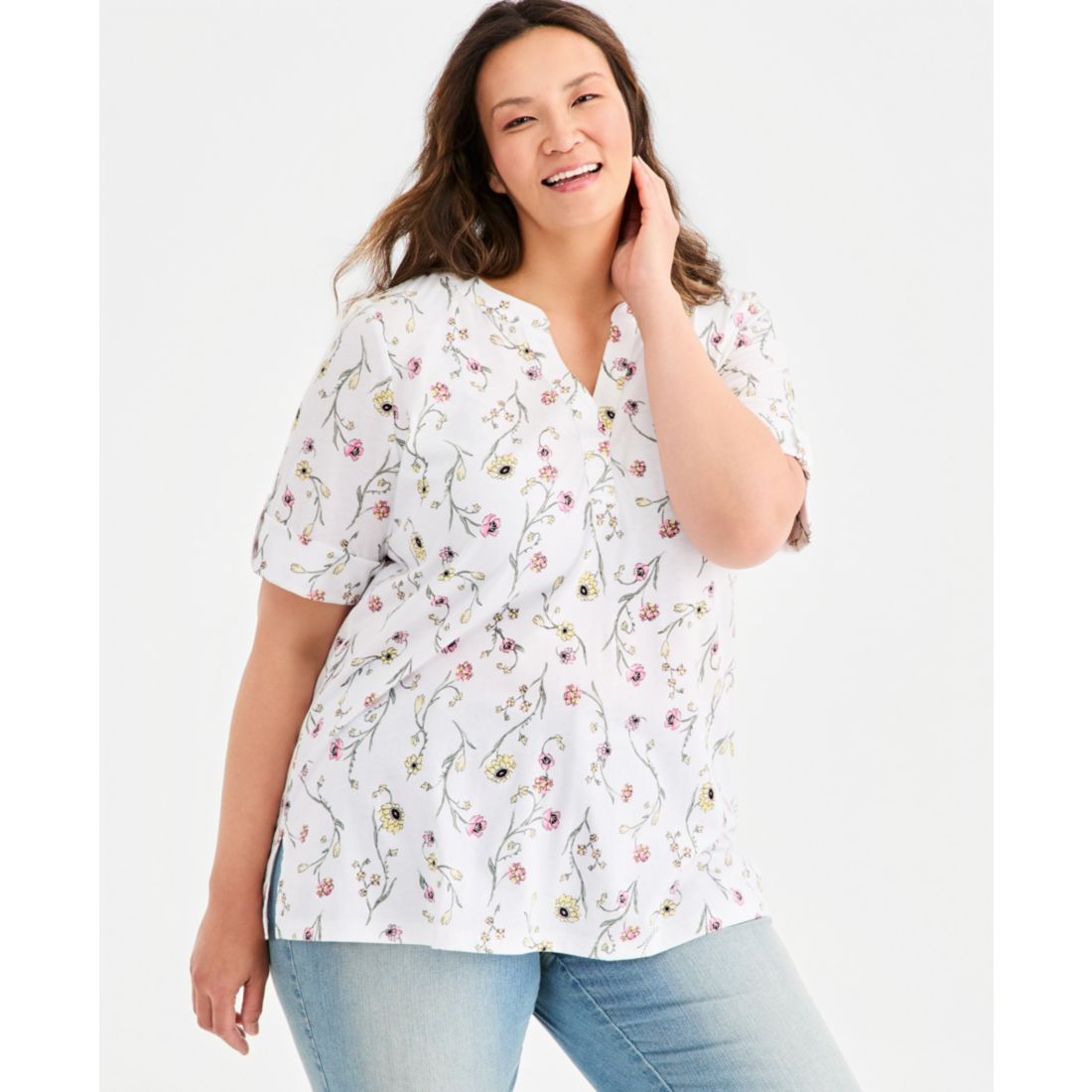 Style & Co Plus Size Printed Roll-Tab Split-Neck Elbow-Sleeve Tunic, Macy's Exclusive