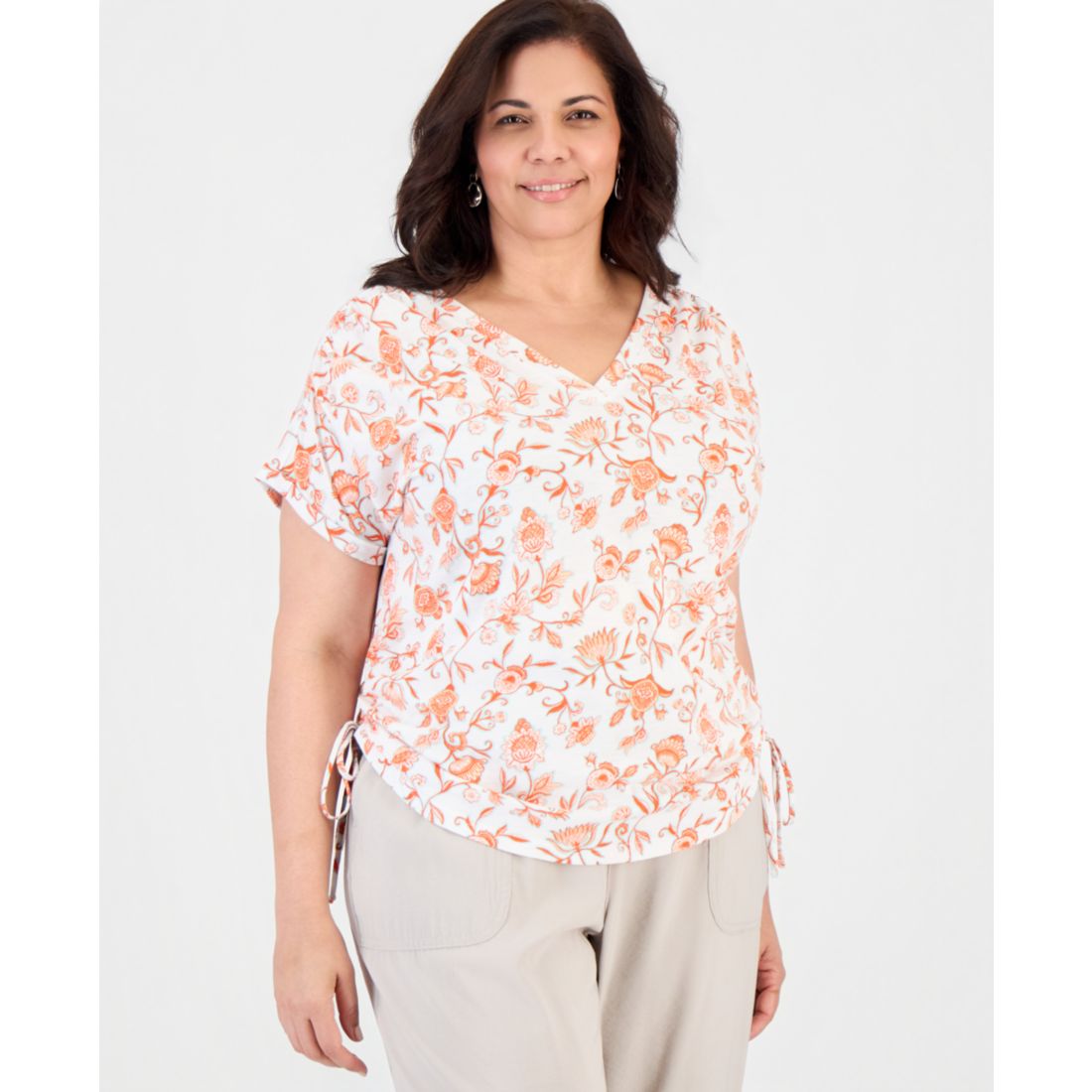 Style & Co Plus Size Printed Ruched Tie V-Neck Top, Macy's Exclusive