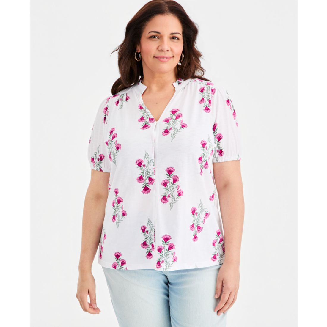 Style & Co Plus Size Printed Puff-Sleeve Split-Neck Top, Macy's Exclusive