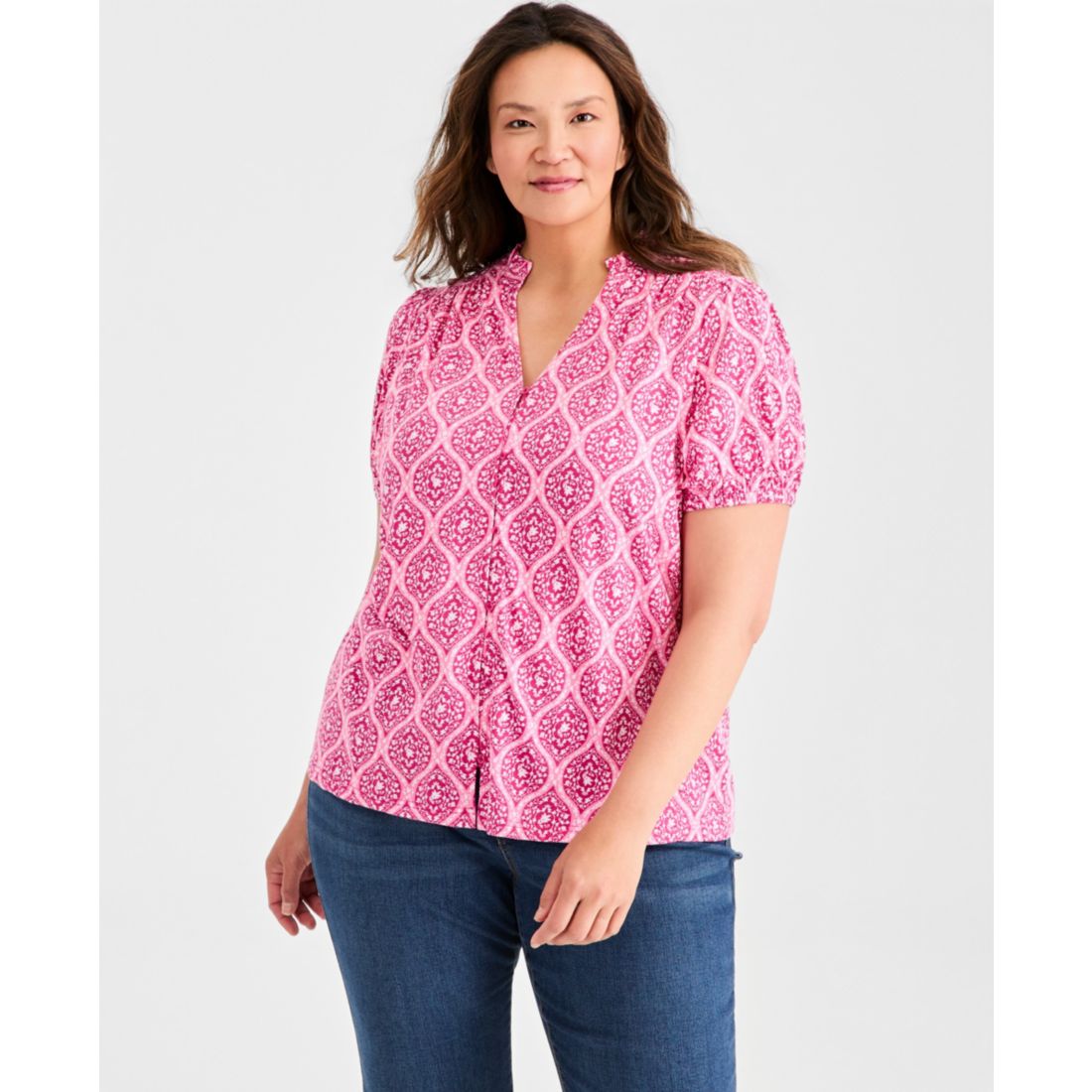 Style & Co Plus Size Printed Puff-Sleeve Split-Neck Top, Macy's Exclusive