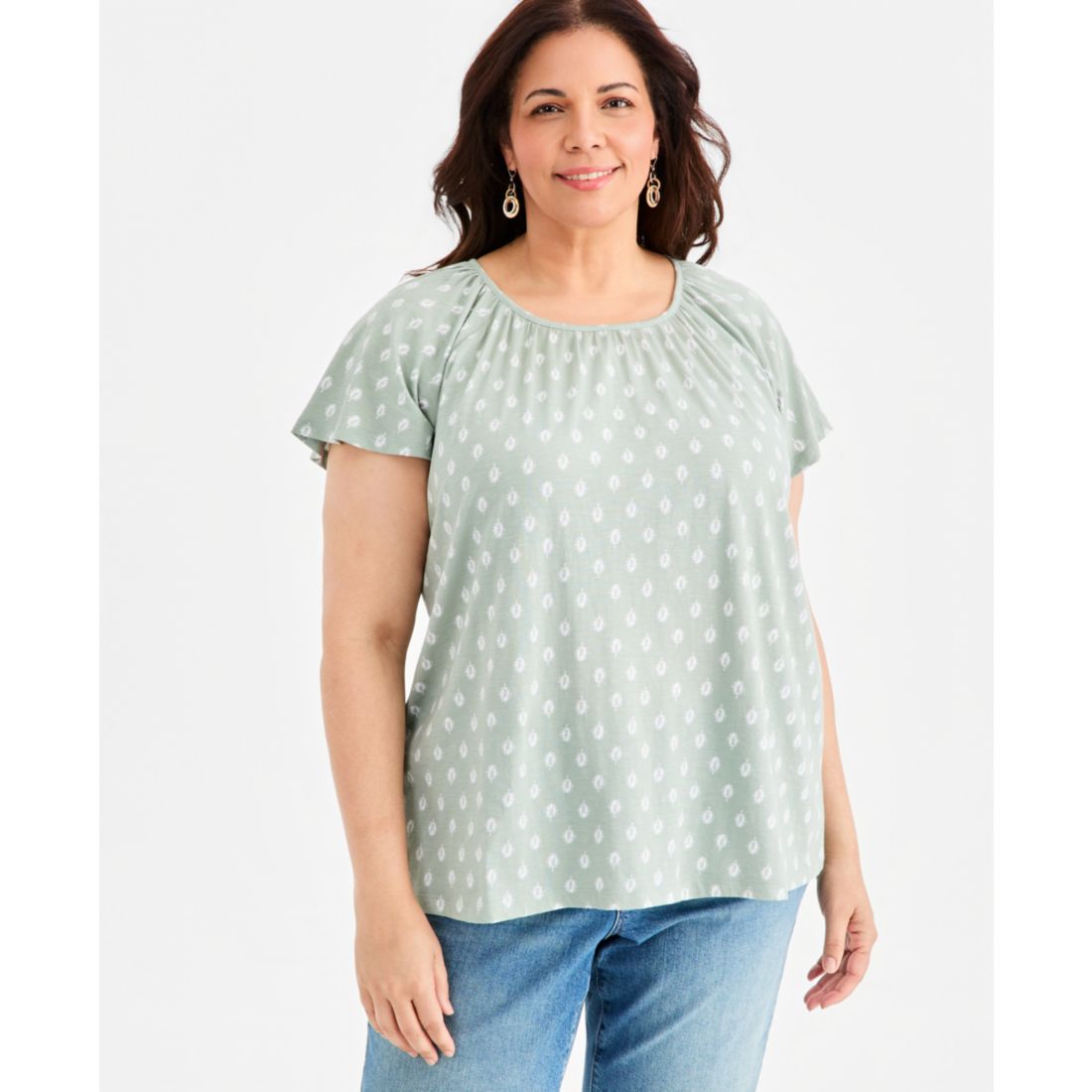 Style & Co Plus Size Printed Scoop-Neck Flutter-Sleeve Top, Macy's Exclusive