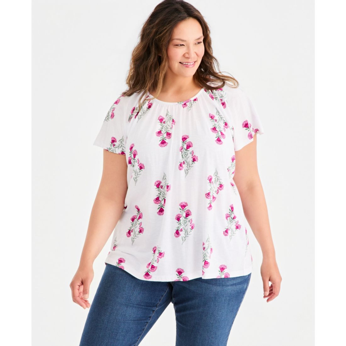 Style & Co Plus Size Printed Scoop-Neck Flutter-Sleeve Top, Macy's Exclusive
