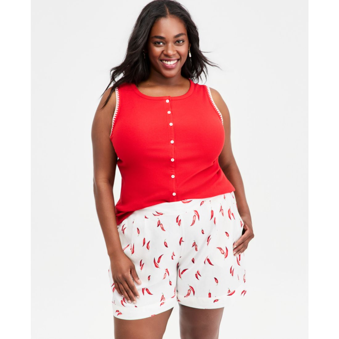 On 34th Plus Sleeveless Rib-Knit Whipstitch Button Front Top, Macy's Exclusive