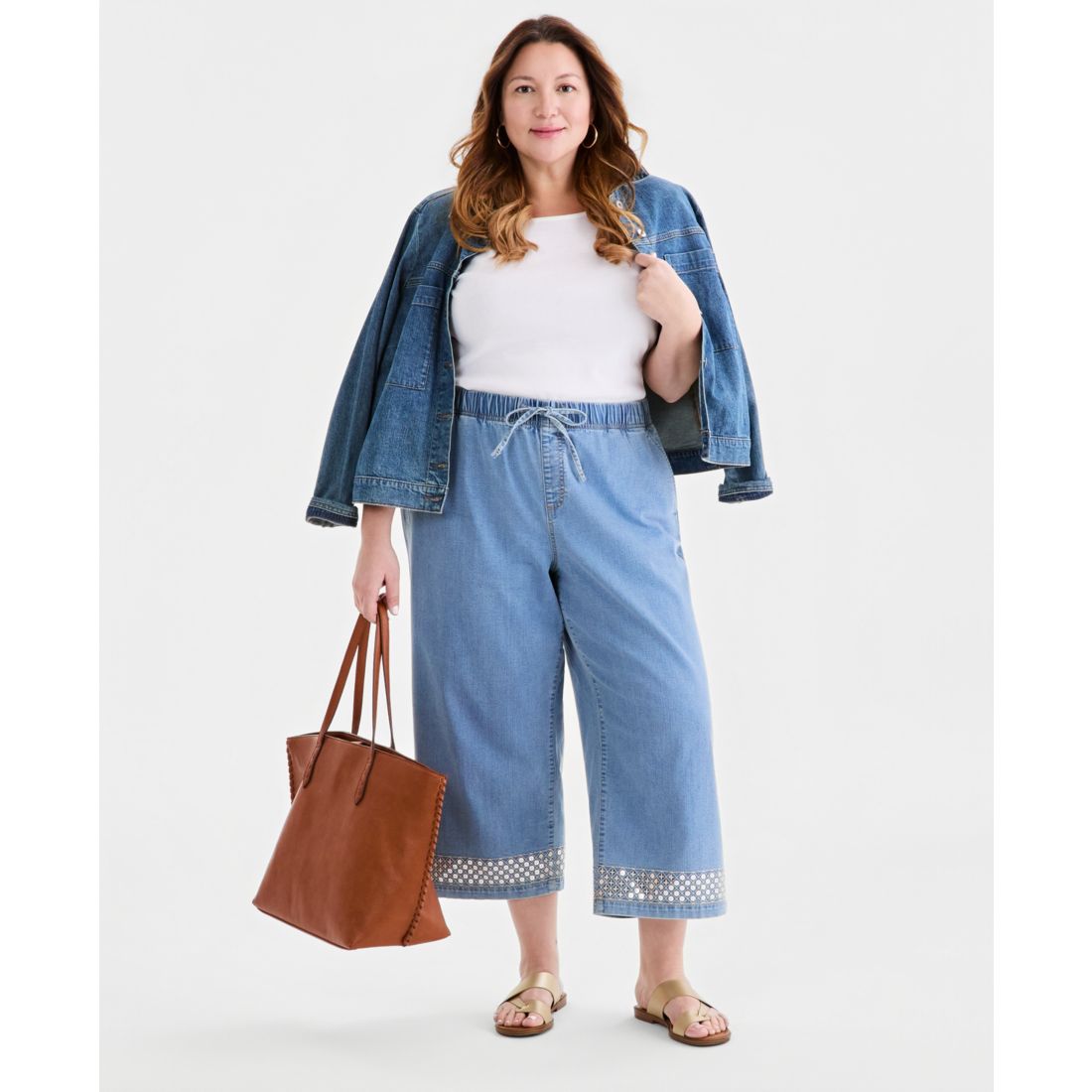 Style & Co Plus Size Sequined Pull-On High-Rise Cropped Wide Leg Jeans, Macy's Exclusive