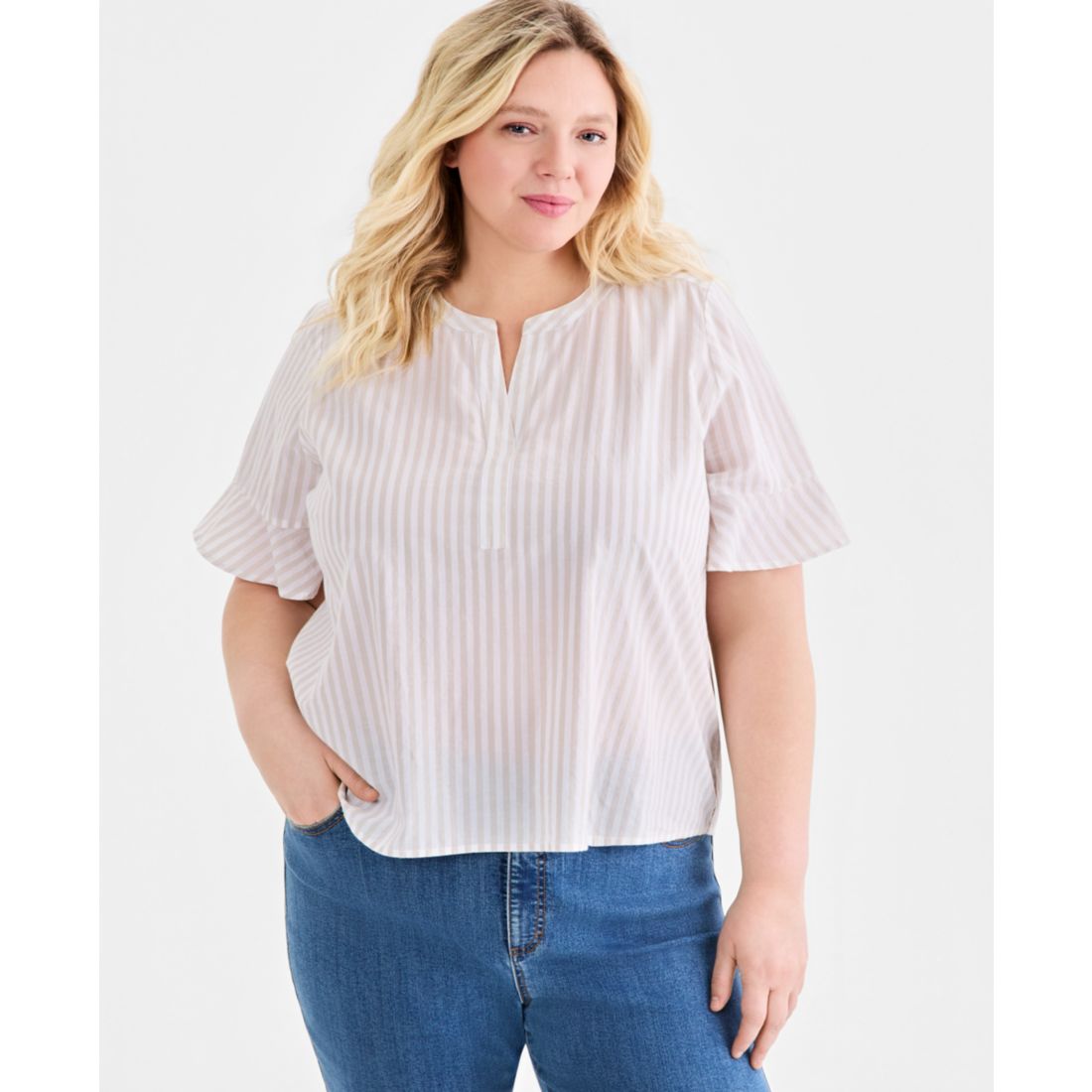 Style & Co Plus Size Striped Cotton Split-Neck Popover Top, Macy's Exclusive