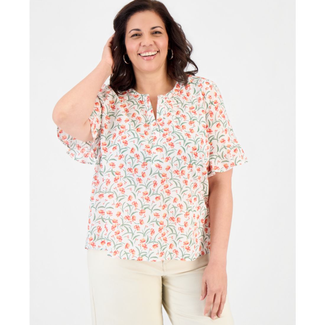 Style & Co Plus Size Printed Cotton Split-Neck Popover Top, Macy's Exclusive