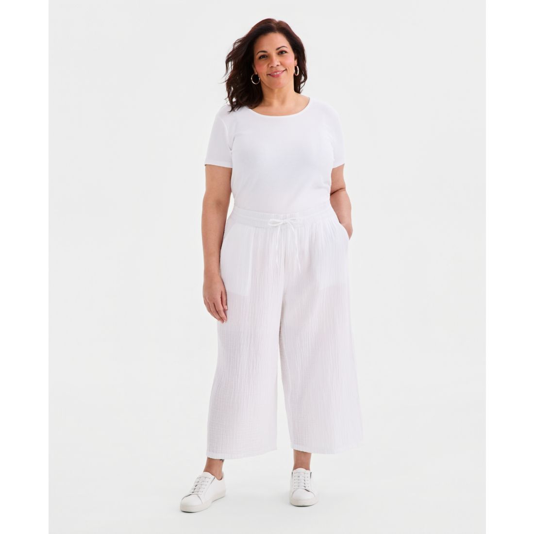 Style & Co Plus Size Cotton Gauze Wide-Leg Cropped Drawstring Pants, Macy's Exclusive