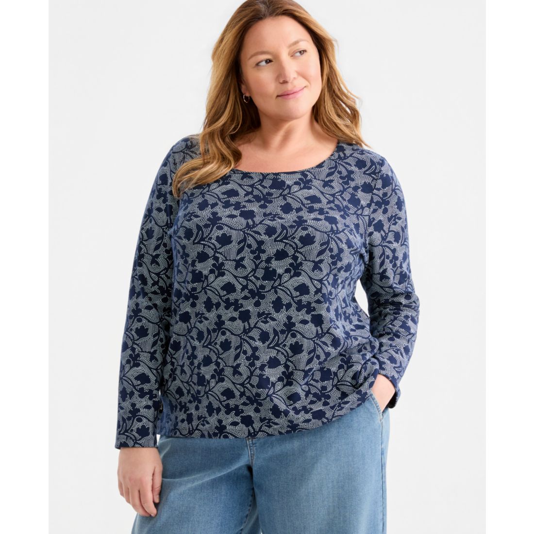 Style & Co Plus Size Printed Long-Sleeve Scoop-Neck Top, Macy's Exclusive