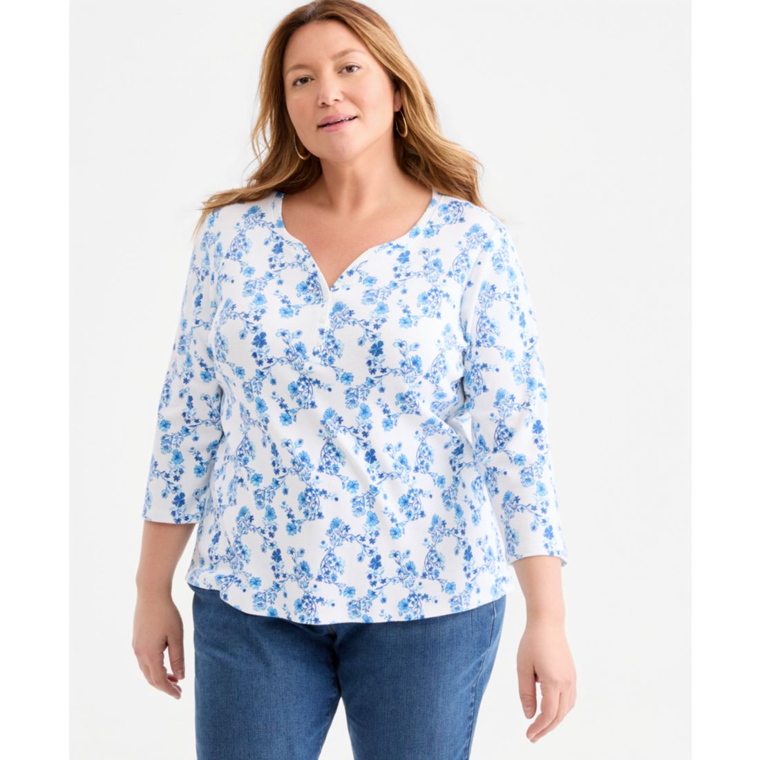 Style & Co Plus Size Printed 3/4-Sleeve Henley Top, Macy's Exclusive