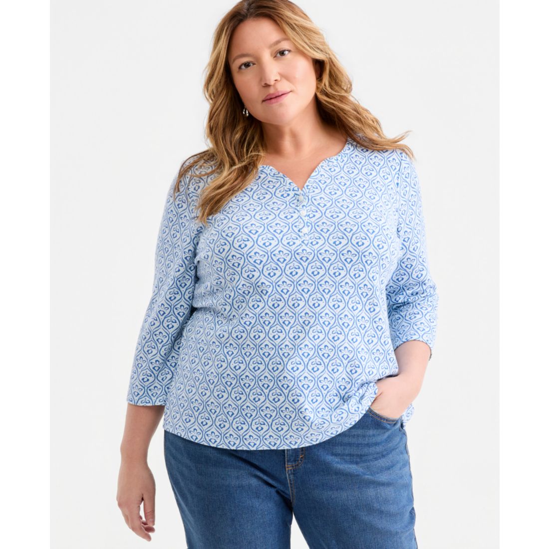 Style & Co Plus Size Printed 3/4-Sleeve Henley Top, Macy's Exclusive