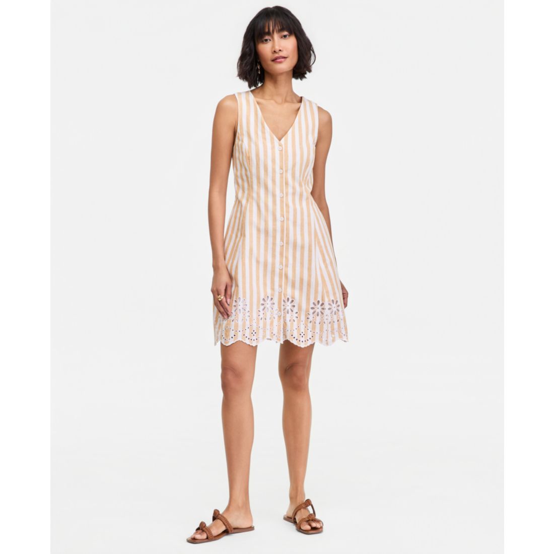 On 34th Women's Striped Linen Blend Embroidered Button-Front Mini Dress, Macy's Exclusive