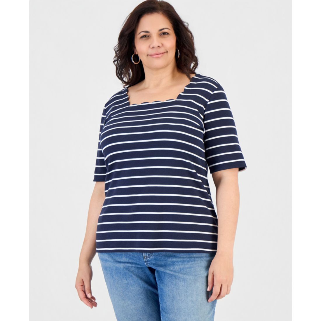 Style & Co Plus Size Striped Scalloped Square-Neck Top, Macy's Exclusive