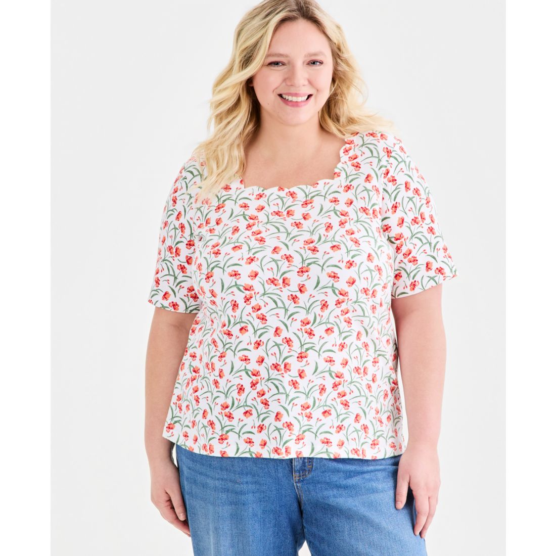 Style & Co Plus Size Printed Scalloped Square-Neck Top, Macy's Exclusive