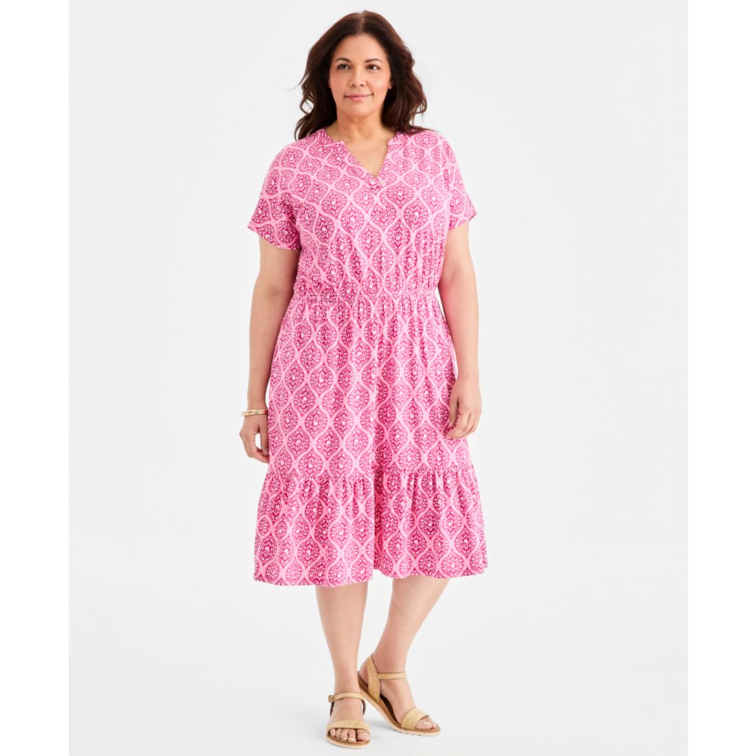 Style & Co Plus Size Printed Split-Neck Tiered Midi Dress, Macy's Exclusive