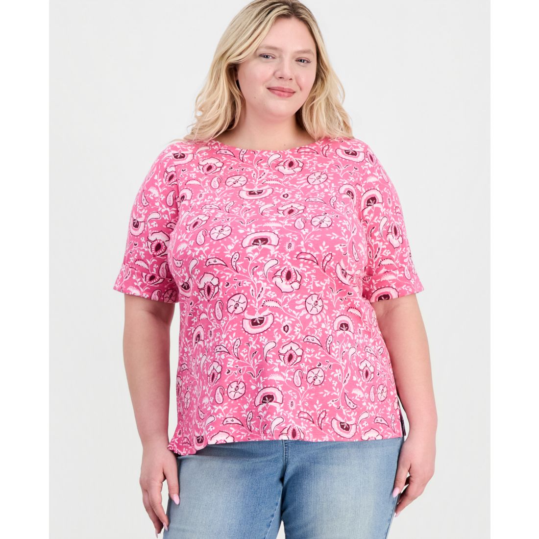 Style & Co Plus Size Printed Boat-Neck Elbow-Sleeve Top, Macy's Exclusive