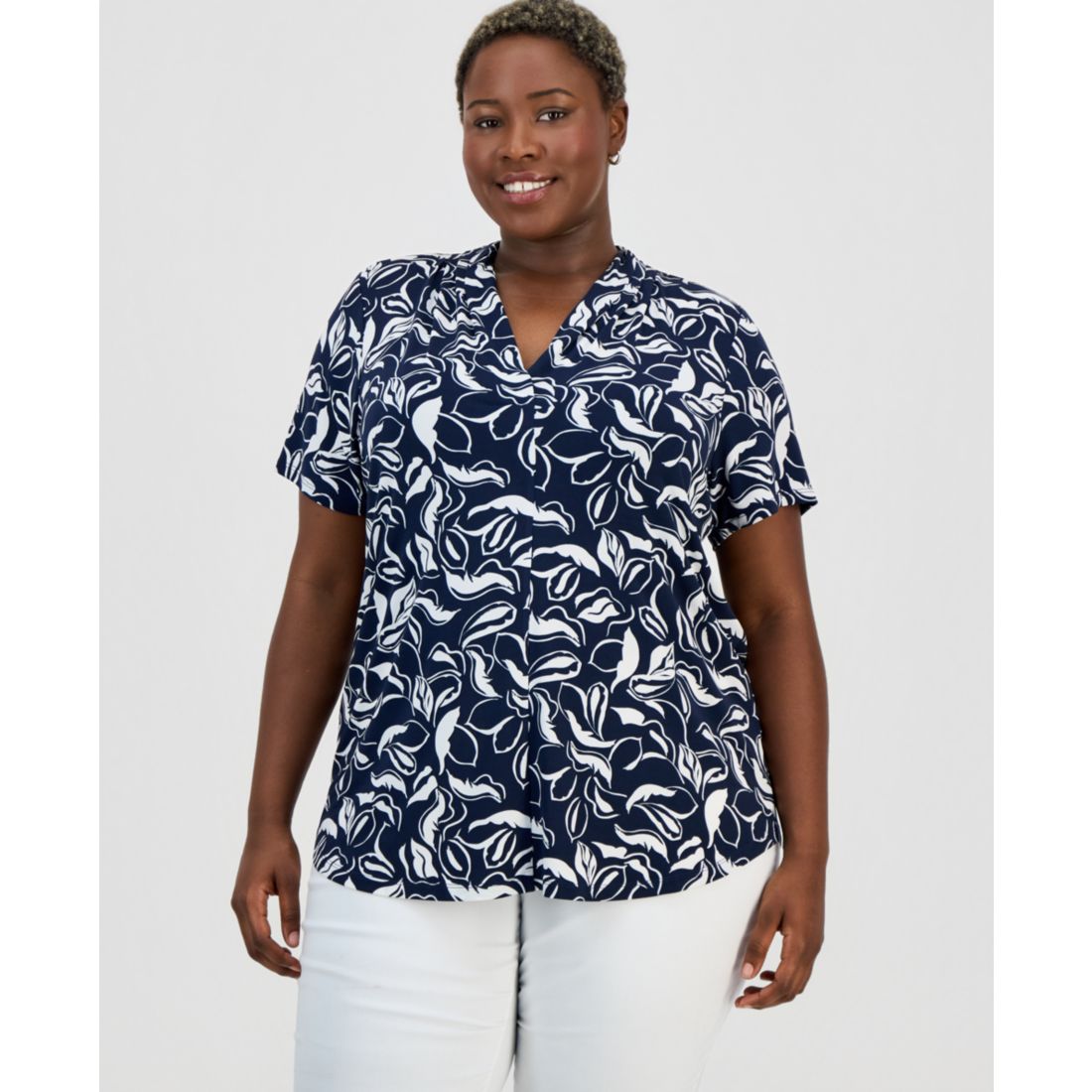Jm Collection Plus Size Leaf Swirl V-Neck Top