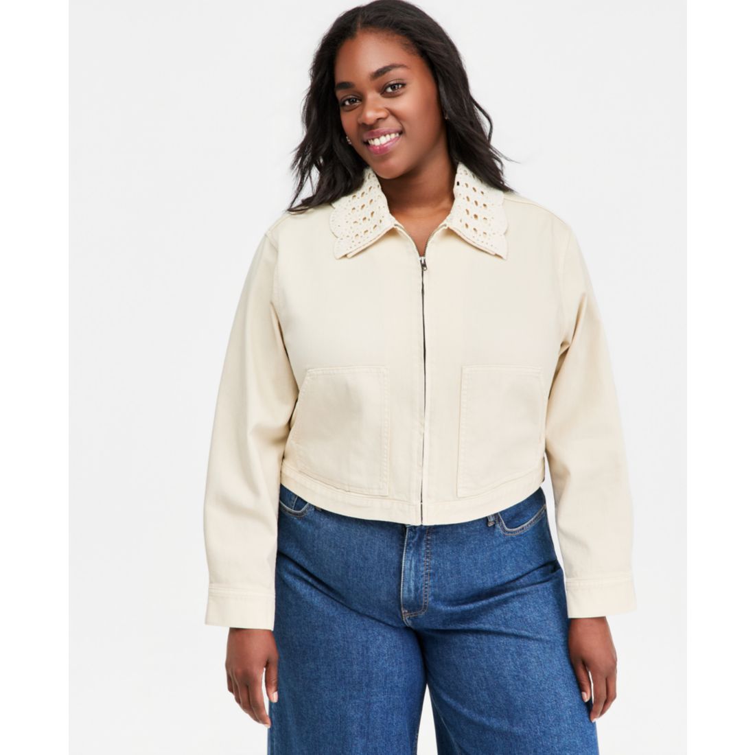 On 34th Plus Crochet Collar Cropped Denim Jacket, Macy's Exclusive