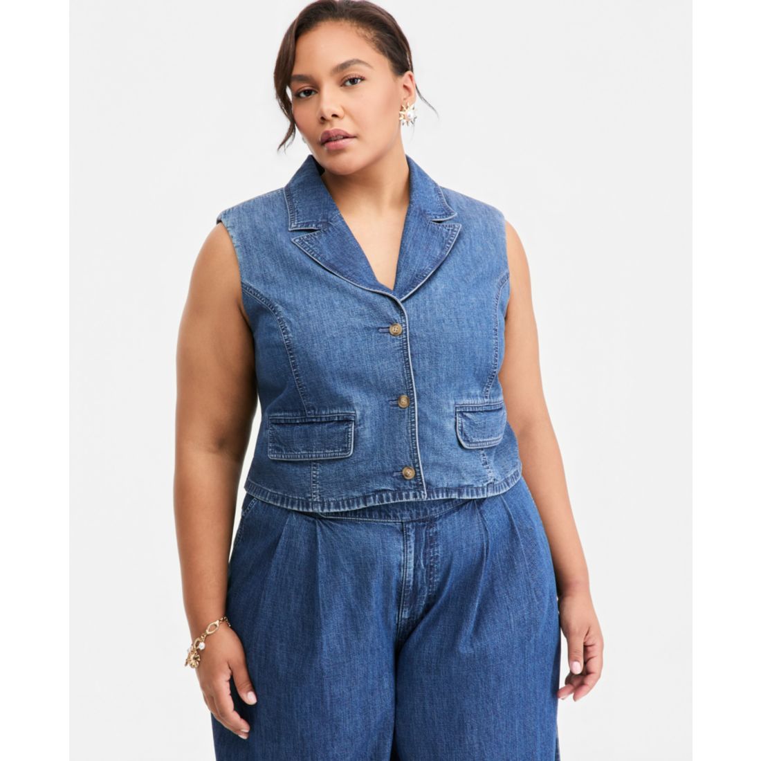 On 34th Trendy Plus Size Notched-Collar Button-Front Denim Vest, Macy's Exclusive