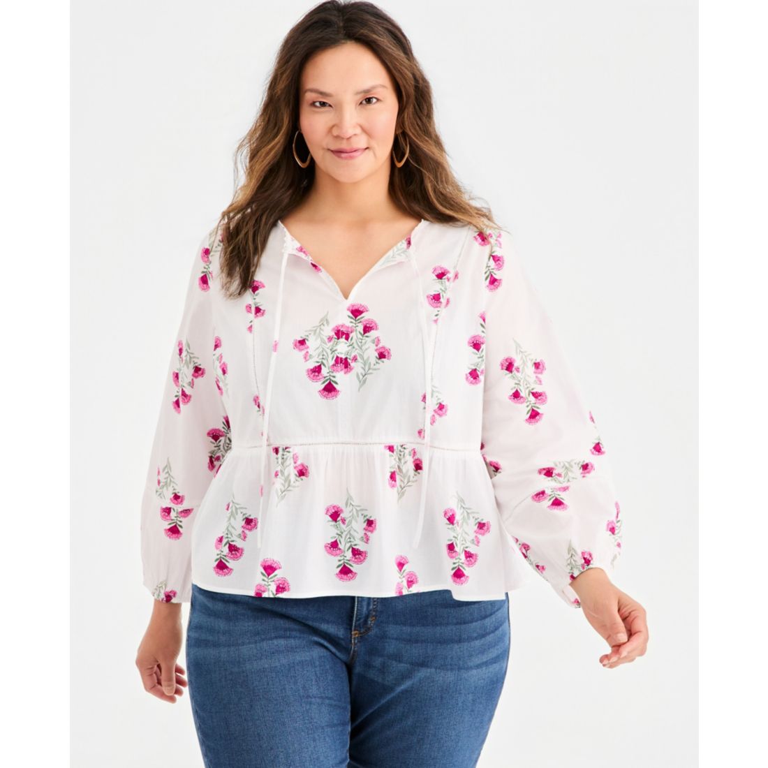 Style & Co Plus Size Printed Split-Neck Peplum Popover Blouse, Macy's Exclusive