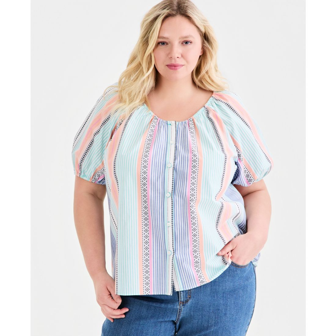 Style & Co Plus Size Cotton Button-Front Puff-Sleeve Top, Macy's Exclusive