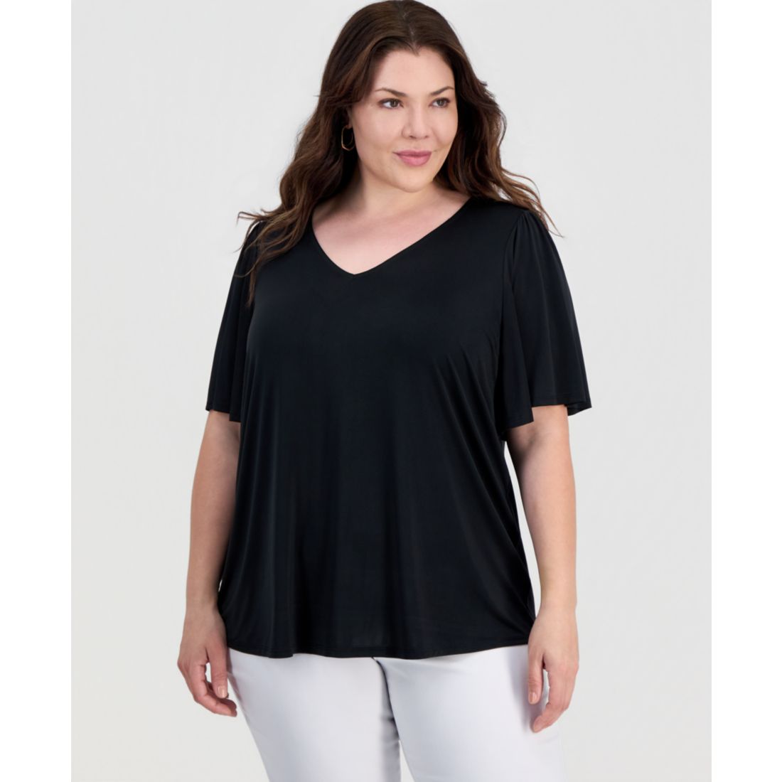 Jm Collection Plus Size Solid V-Neck Flutter-Sleeve Top, Macy's Exclusive