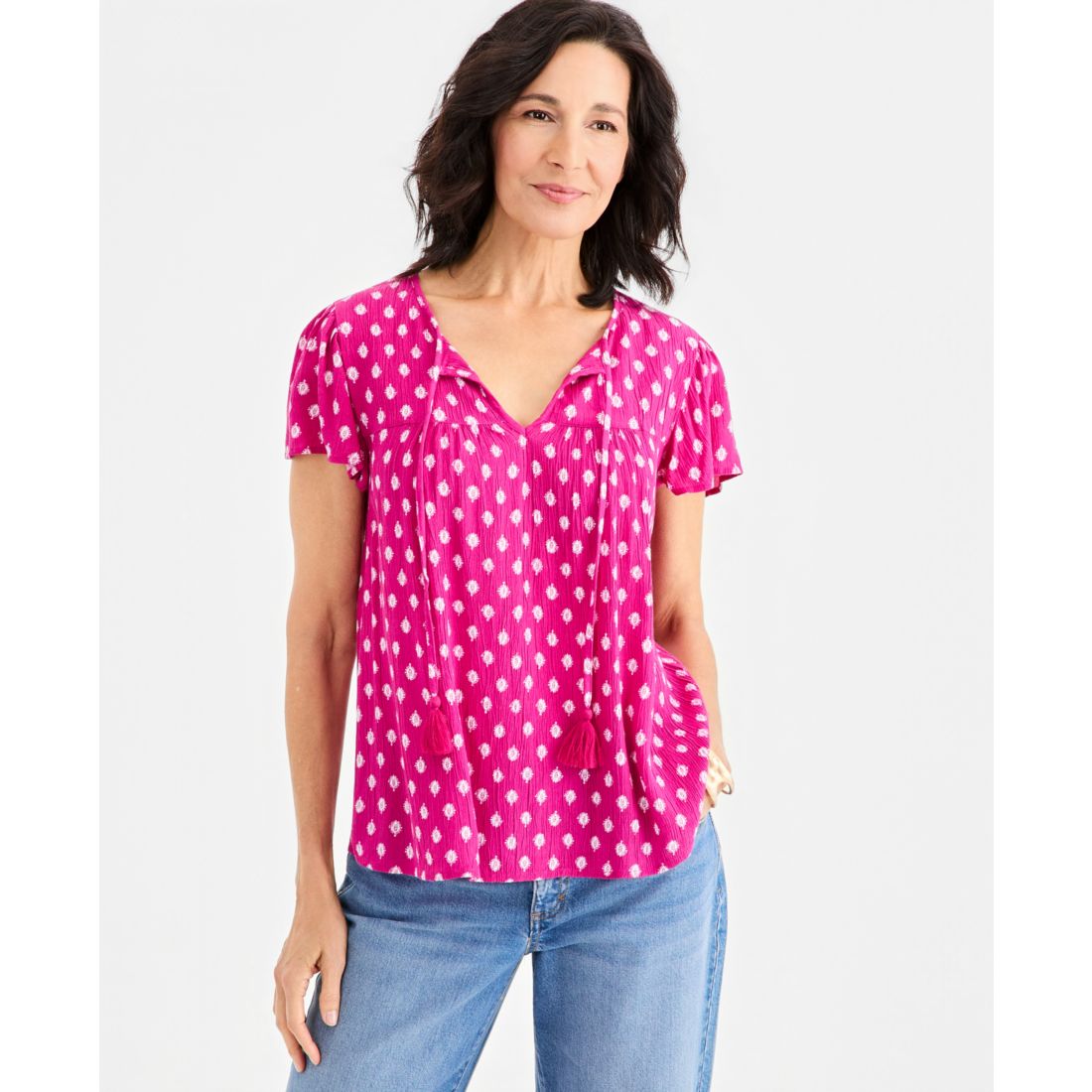 Style & Co Women's Printed Split-Neck Flutter-Sleeve Blouse, Macy's Exclusive