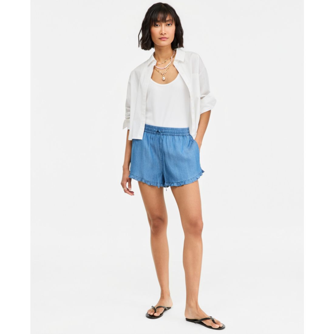 On 34th Women's Chambray Ruffled Drawstring Shorts, Macy's Exclusive