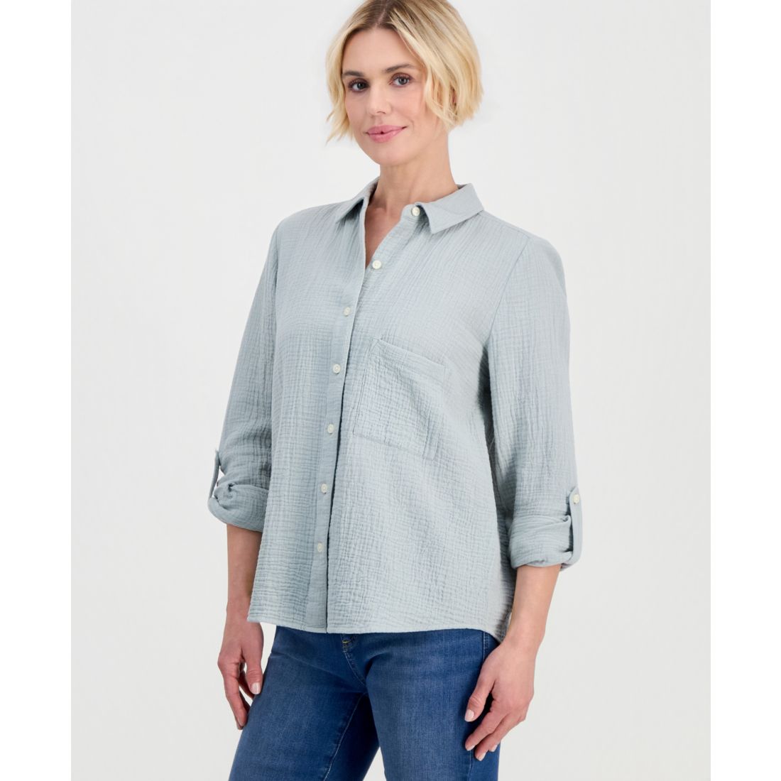 Style & Co Petite Perfect Button-Front Roll-Tab Cotton Shirt, Macy's Exclusive