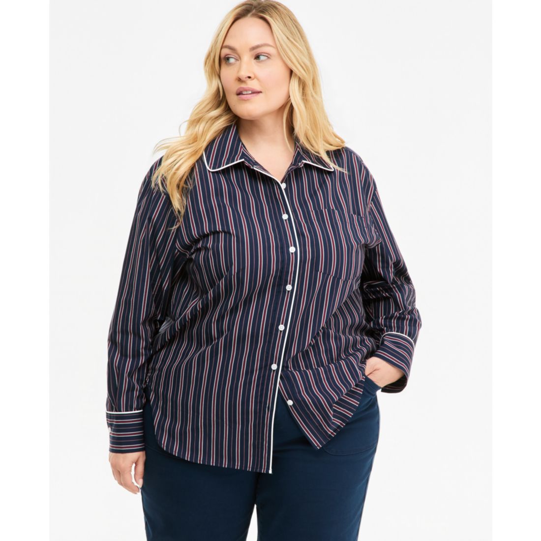 On 34th Plus Size Striped Poplin Long-Sleeve Button Down Shirt, Macy's Exclusive