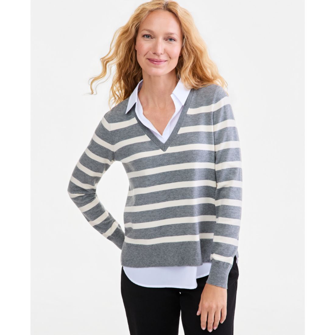 Style & Co Petite Stripe Collared Neck Long-Sleeve Sweater, Macy's Exclusive