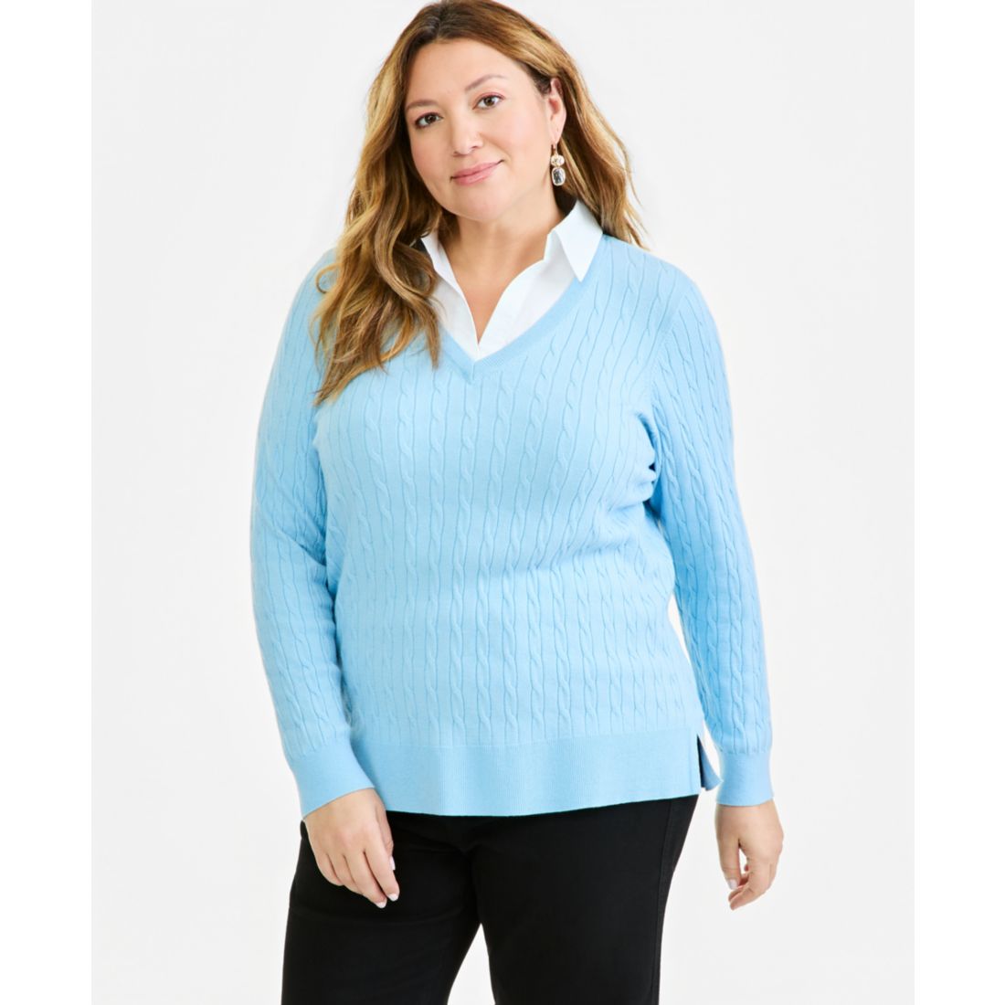 Style & Co Plus Size Two-Fer Cable-Knit Collared Sweater, Macy's Exclusive