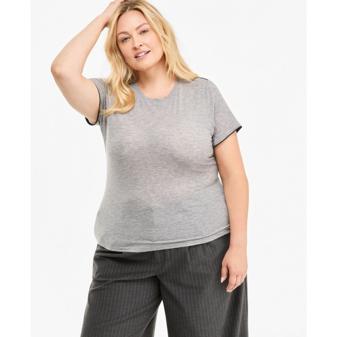 On 34th Plus Size Piped Tissue Jersey Layering Crewneck T-Shirt, Macy's Exclusive