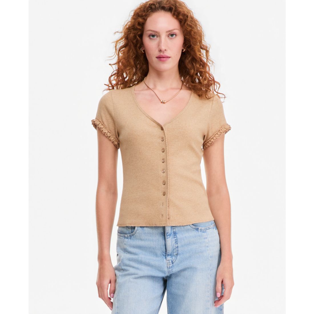 On 34th Women's Ruffle-Trim Button-Front Short-Sleeve Ribbed Top, Macy's Exclusive