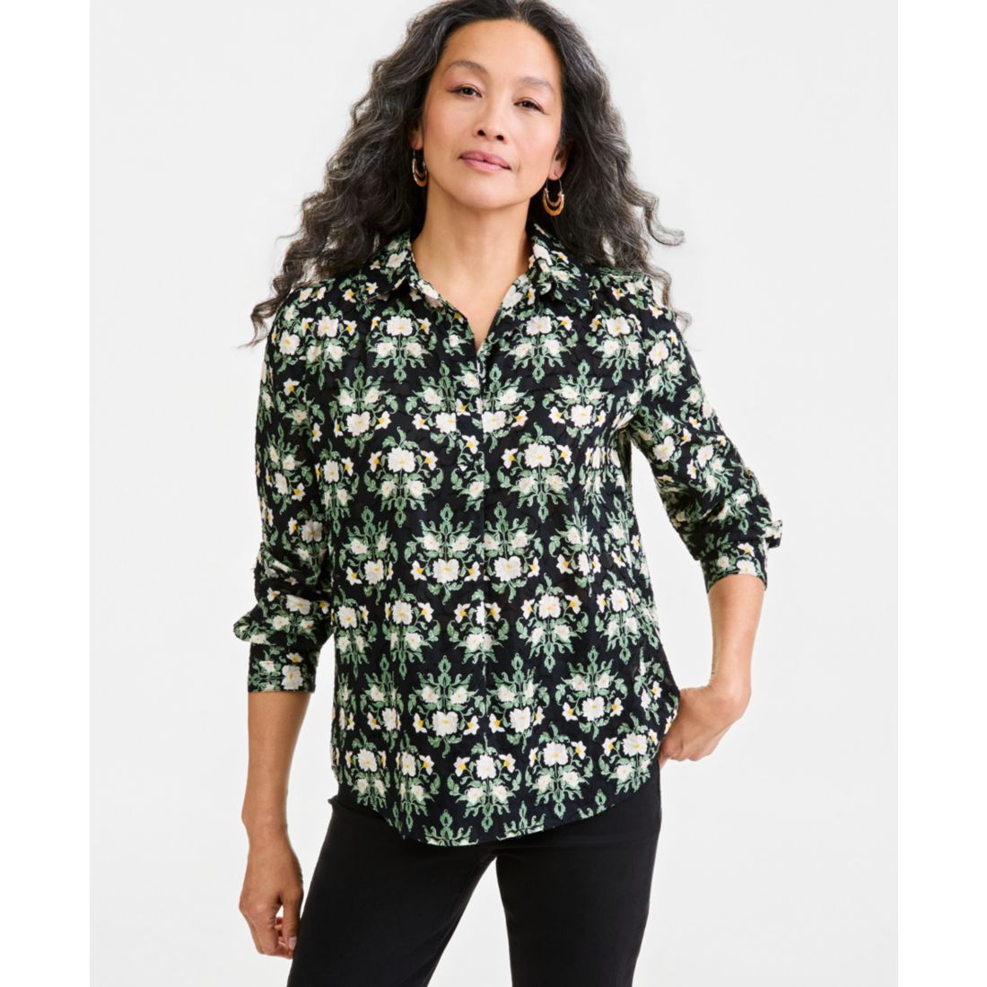 Style & Co Petite Printed Collared Neck Cotton Top, Macy's Exclusive
