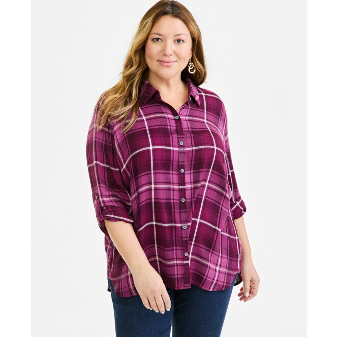 Style & Co Plus Size Plaid Roll-Tab Button-Front Shirt, Macy's Exclusive
