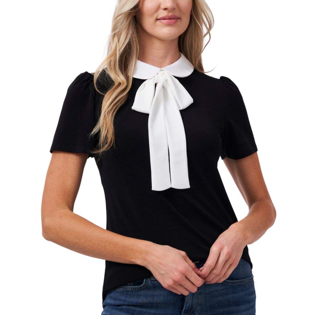Cece Women's Short Sleeve Collared Bow Neck Knit Top