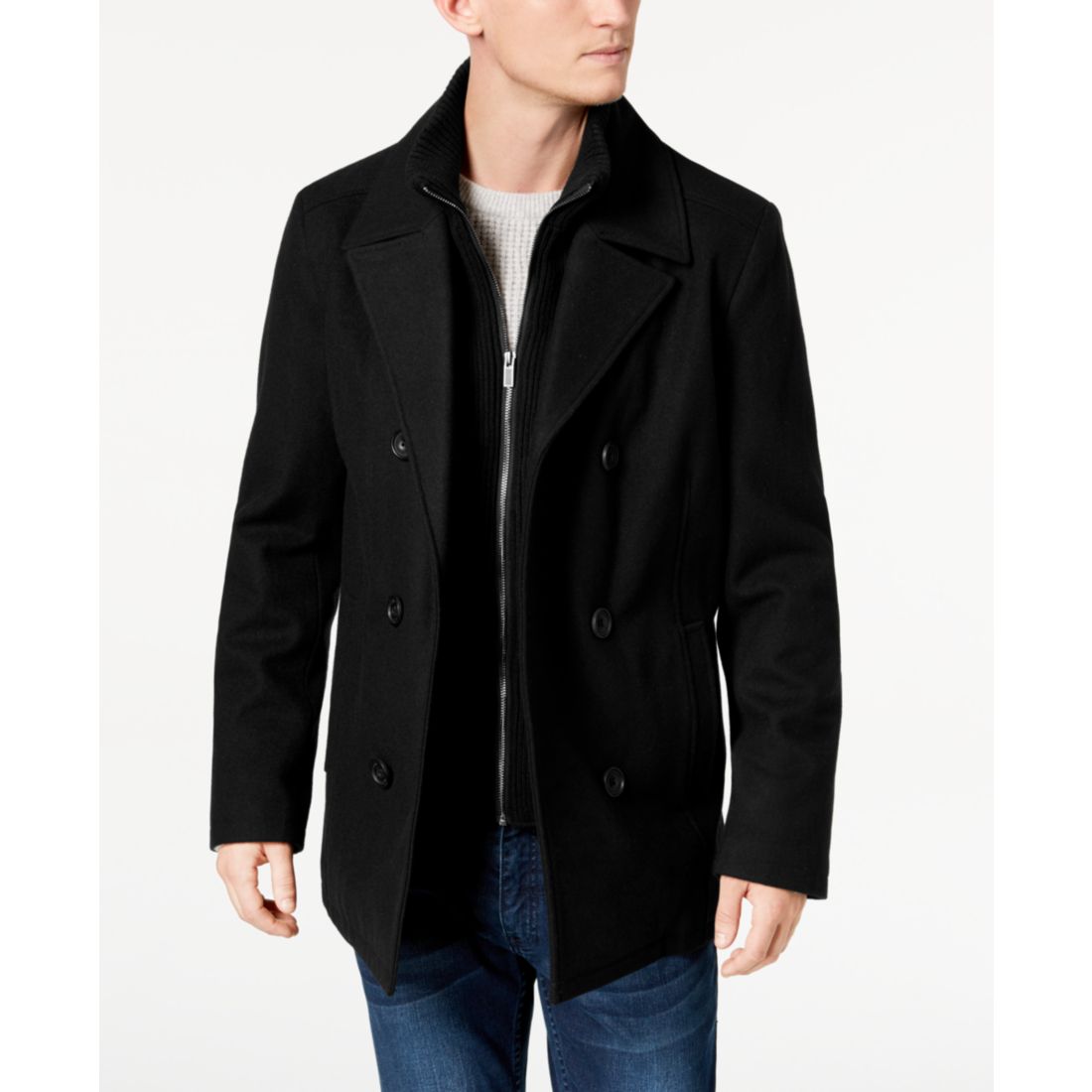 Kenneth Cole Men's Double Breasted Wool Blend Peacoat with Bib