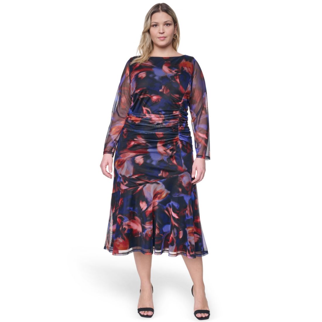 Vince Camuto Plus Size Printed Side Ruched Mesh Midi Dress