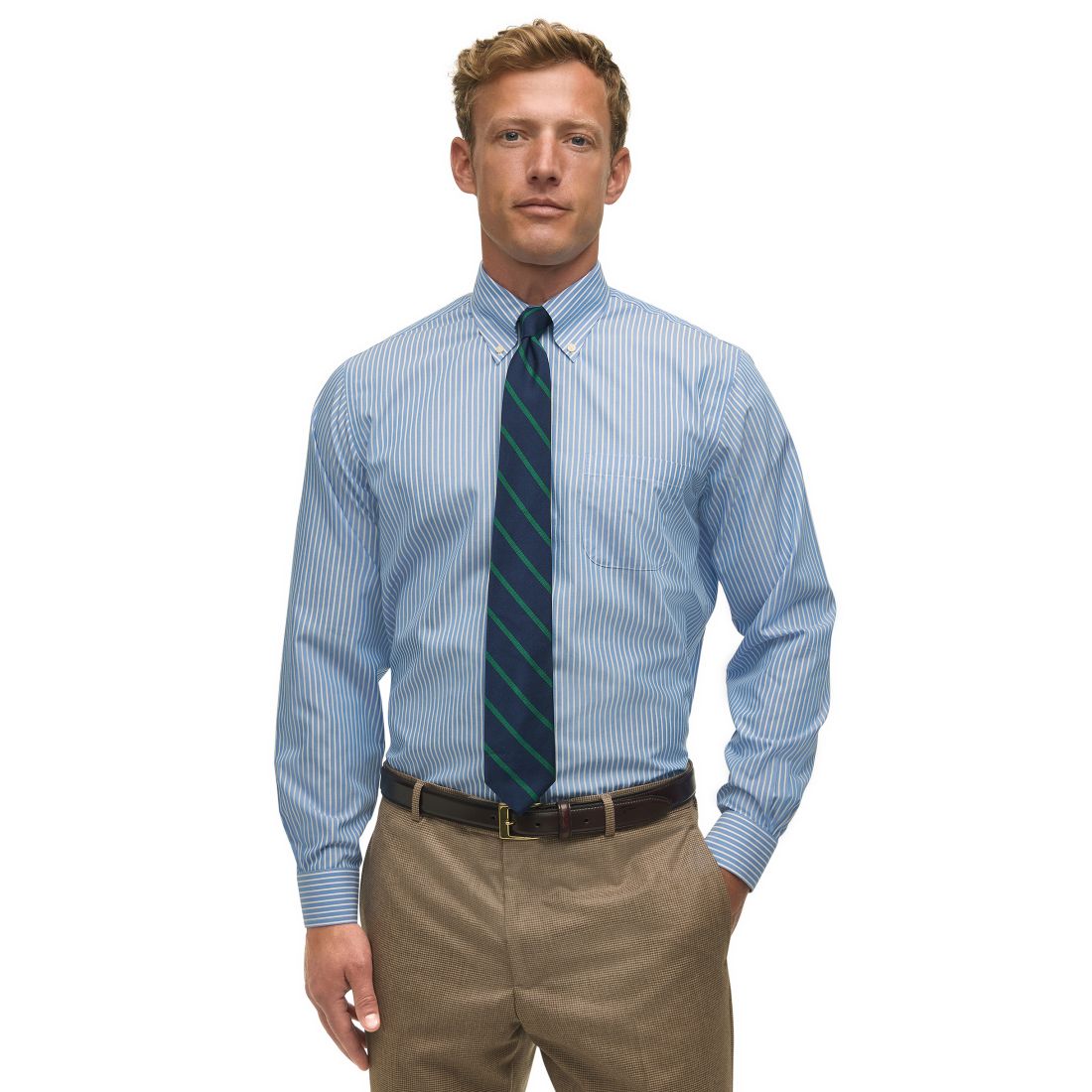 Brooks Brothers Men's Regular Fit Non-Iron Polo Button-Down Thin Stripe Broadcloth Dress Shirt